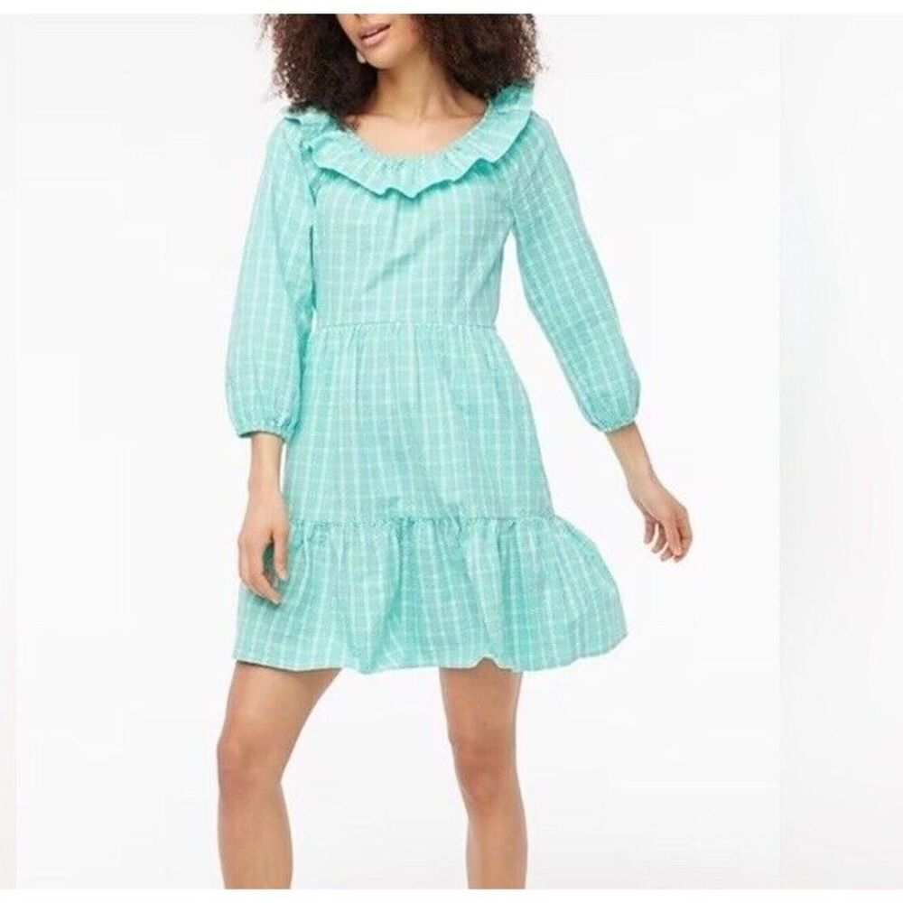 J. Crew Green‎ Mini Dress Ruffle Radiant Aqua Seersucker Eyelet Womens 8 2023